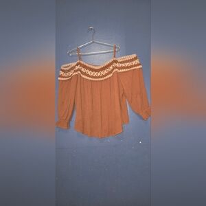 Maurices Tan Blouse with White Crochet Detail